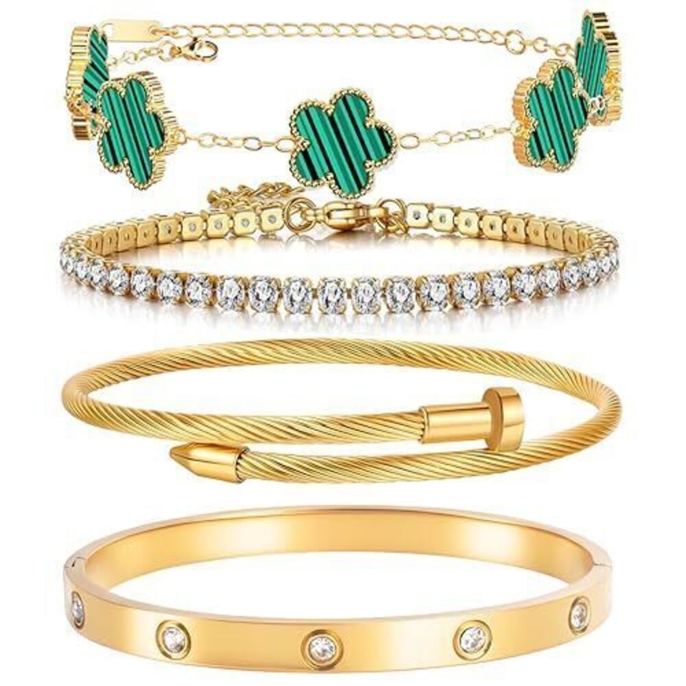 8175 18K Gold Plated Stackable Floral Gold Clover Bracelets Set Love Bangle